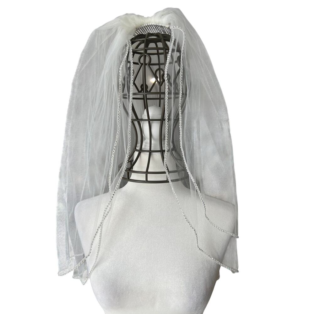 Bridal Wedding Veil Ivory 2 Tiers Long Elbow Length With Rhinestone Edge